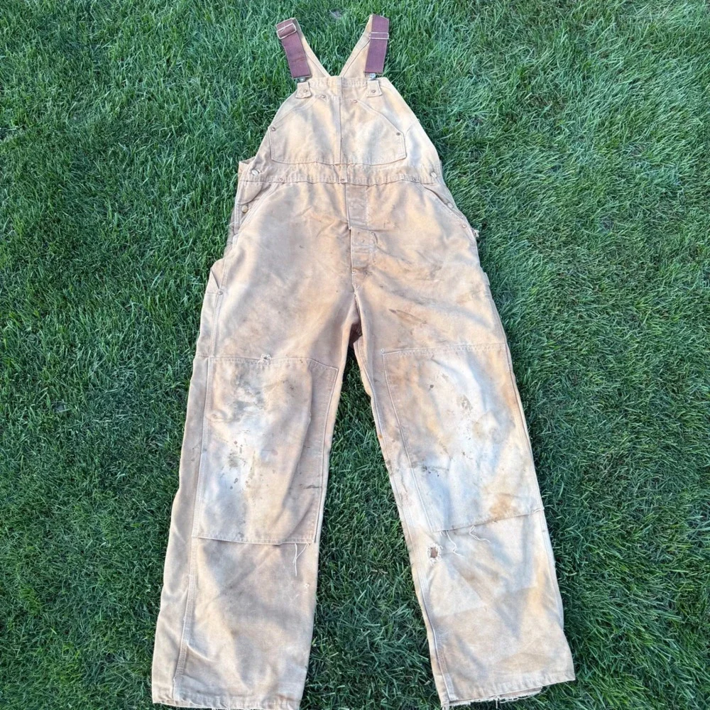 Carhartt Mens Distressed Duck Bib Overalls Tan Double Knee Workwear R01 BRN